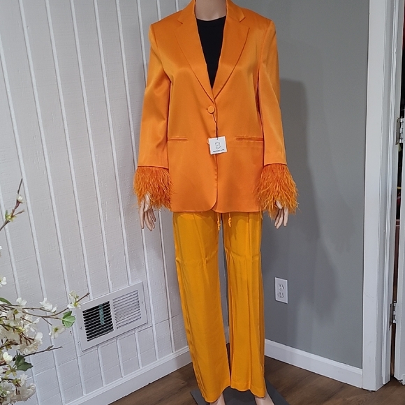 Zara Orange Feather-Trimmed Blazer and Pants Set - Picture 1 of 12